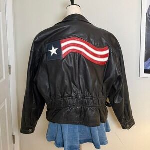 Vintage wilson's Black leather biker jacket with American flag patch